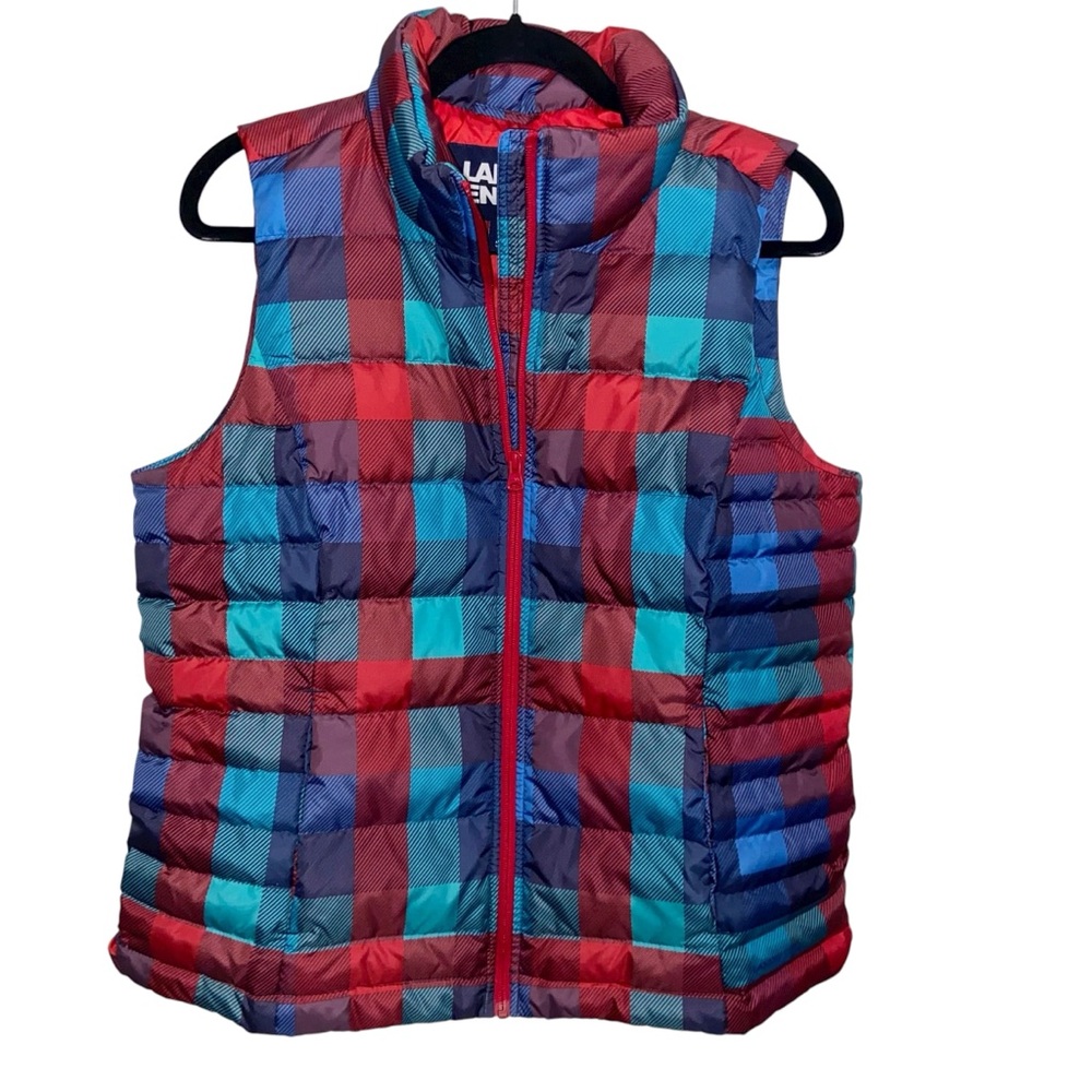 Lands End Vest Womens Medium 10-12 Goose Down Zip Pockets Check Colorful Holiday